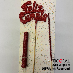 ADORNO DE TORTA SET FELIZ CUMPLE CON BENGALA Y VELA GIBRE ROJO x 1